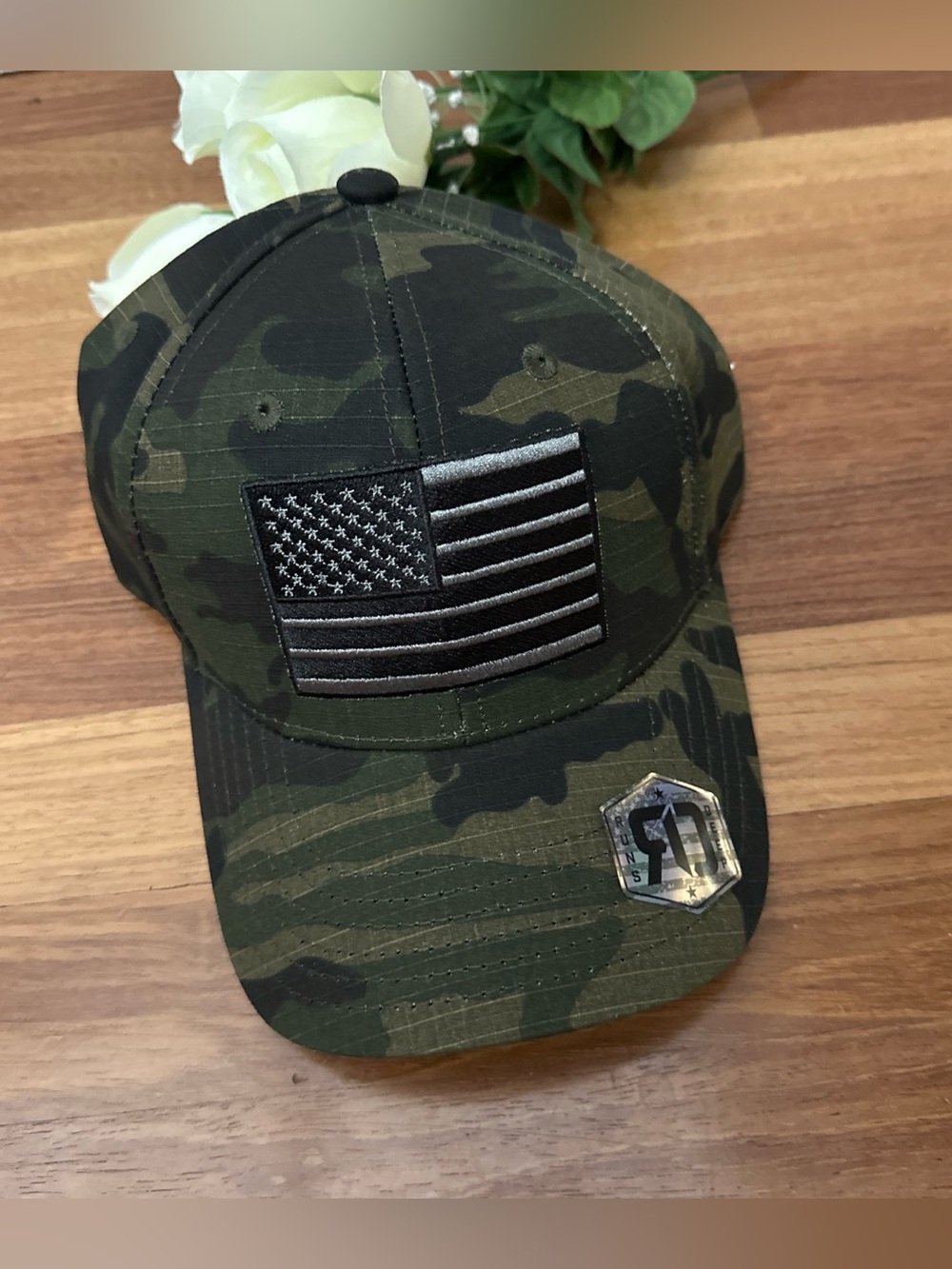 Camo Baseball Cap with Black & Gray American Flag Patch